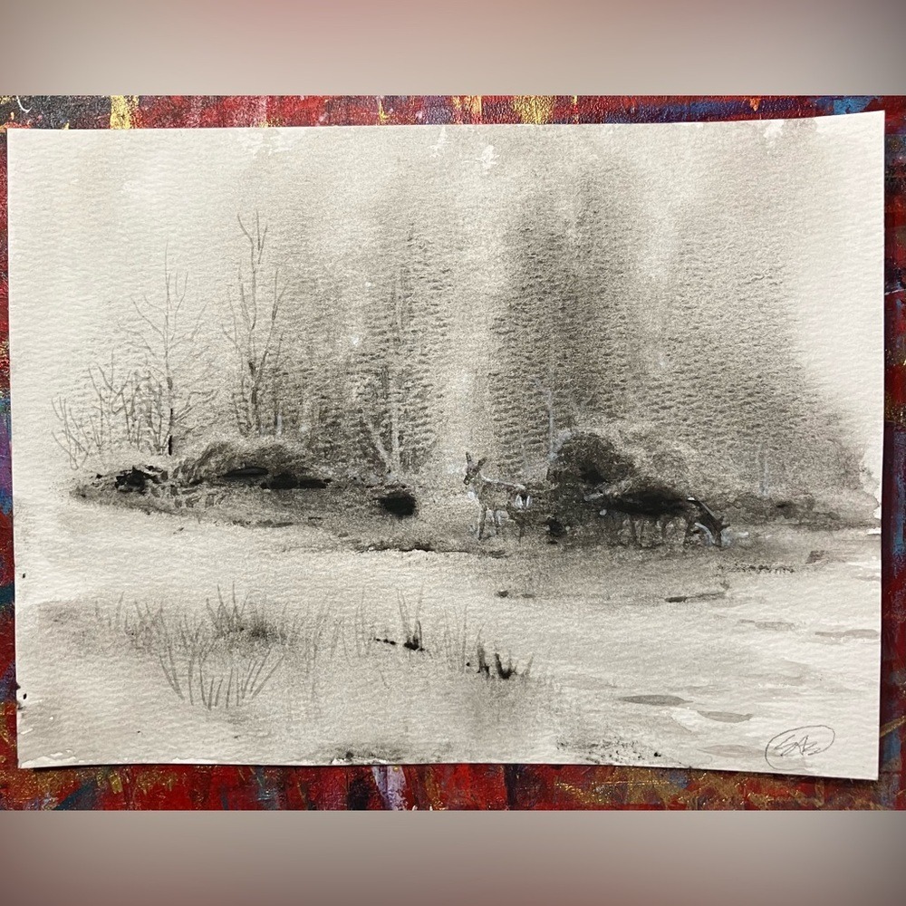 Original deer landscape painting Watercolor Misty Forest artwork USA